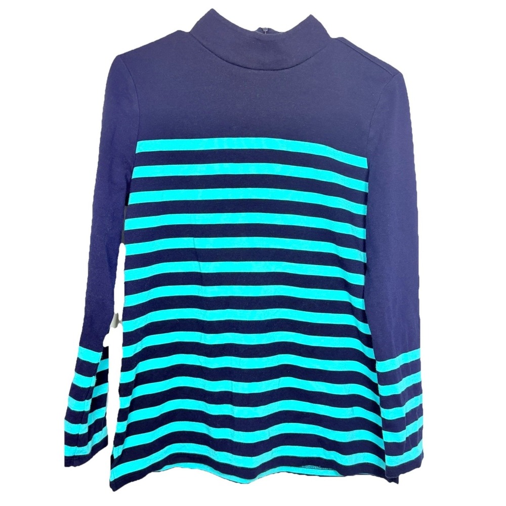 Talbots Striped Mock Neck Top Womens Large Blue Teal Cotton Modal‎ Stretch Knit